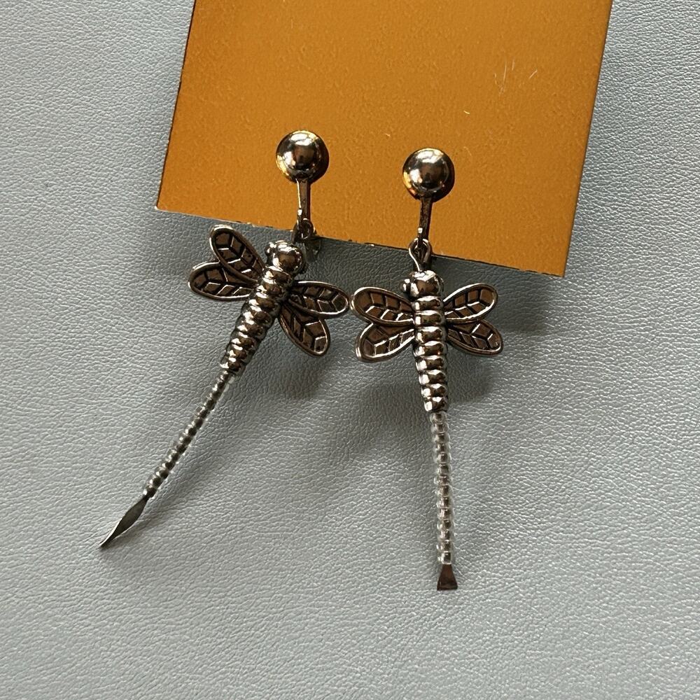 Silver Dragonfly-Shaped Dangle Earrings, Butterfly Closure, for Pierced Lobes